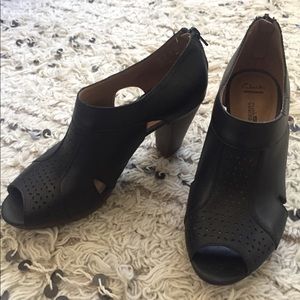 Peep toe, heeled ankle boots — stylish but comfy